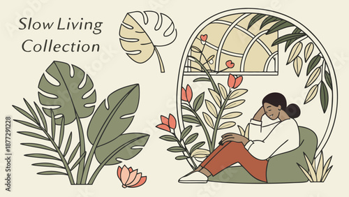 Relaxing woman surrounded by lush greenery and vibrant flowers