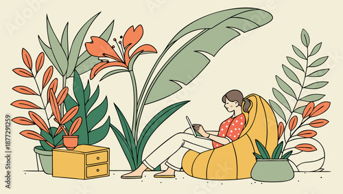 Relaxed woman working on laptop in cozy home office with plants