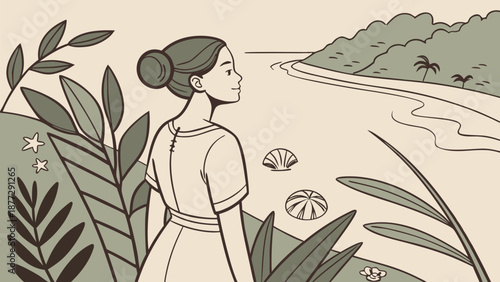 Serene woman enjoying peaceful tropical beach landscape