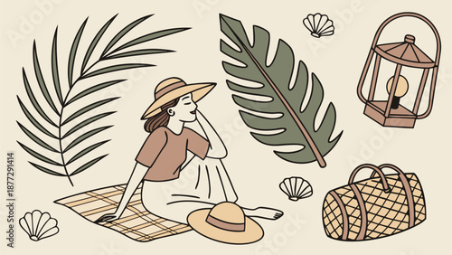 Relaxing woman enjoying serene summer picnic by the beach