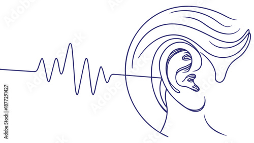 Abstract illustration of sound waves entering an ear, symbolizing hearing and communication.