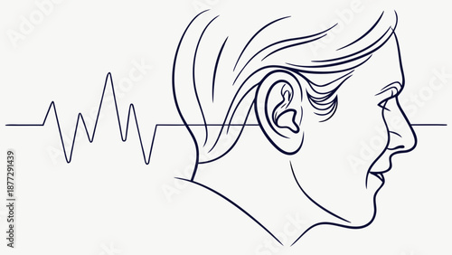 Close-up profile of a person wearing a hearing aid, with sound waves entering the ear.
