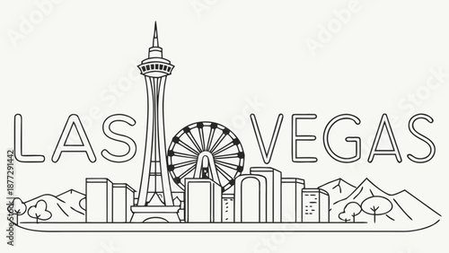 Iconic city skyline with famous landmarks and mountains in the background