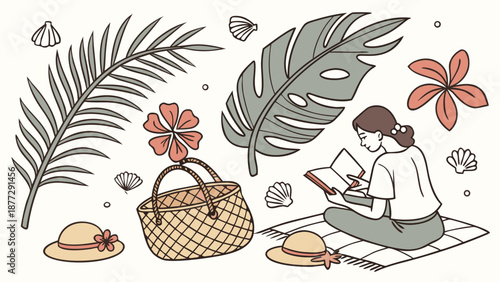 Woman relaxing on beach with book and picnic basket surrounded by tropical leaves