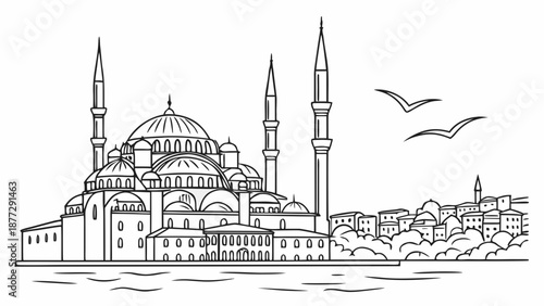 Elegant architectural illustration of a grand mosque with minarets and domes against a cityscape and seagulls.