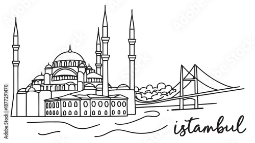 Iconic skyline illustration featuring a grand mosque and a suspension bridge over water.