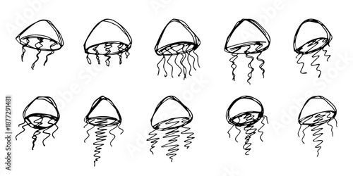 Set of hand drawn jellyfish doodle Sea animal illustration Cute marine underwater creature Medusa sketch clipart Single element for web, design, decor, children's print