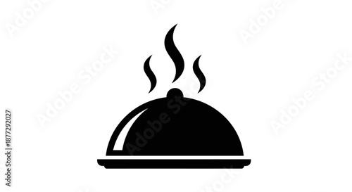 Black silhouette icon of a covered serving dish with steam rising, symbolizing hot food or a meal being served.