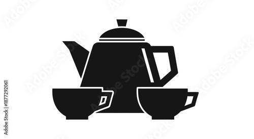A black silhouette of a teapot with two teacups, representing a classic tea set for hot beverages.