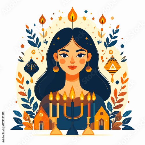 Woman holding Hanukkah menorah surrounded by festive lights and decorations in a joyful celebration