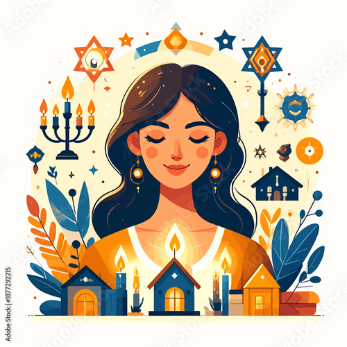 Serene woman surrounded by Hanukkah symbols and menorah in a festive illustration