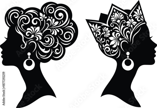 Elegant queen silhouette profiles with ornate floral hairstyles and crown, feminine luxury beauty illustration for royalty branding, fashion design, wedding, cosmetic, and decorative art projects