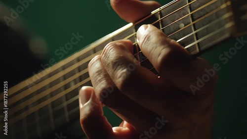 Guitar chord close-up, musical instrument, hand playing strings