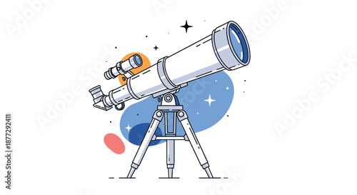 Professional astronomical telescope mounted on a tripod for stargazing and exploring the universe against a stylized starry night sky.