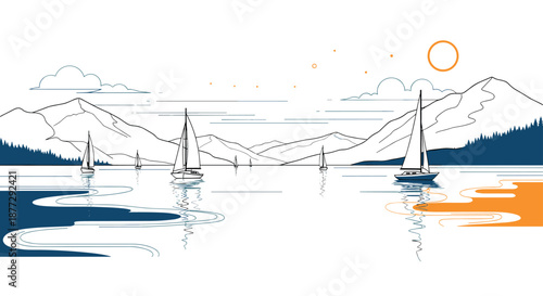 Peaceful lake landscape featuring several white sailboats drifting calmly between majestic mountain ranges under a bright golden sun.
