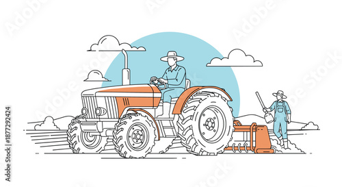 Farmer driving modern tractor through agricultural fields with companion worker preparing soil for seasonal planting cycle.