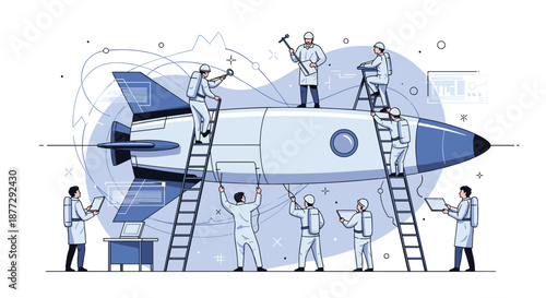 Professional engineering team working together on high-tech space rocket assembly project in a modern laboratory environment.