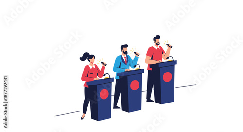 Confident public speakers participating in formal political debate or panel discussion at separate podiums with bright stage spotlights.
