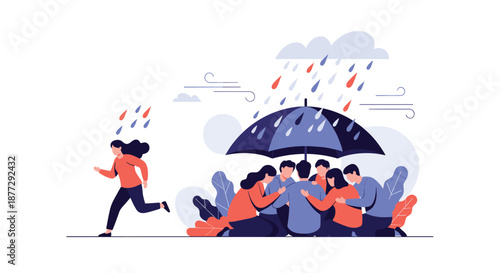 Supportive community group sharing large umbrella for protection during heavy storm while isolated individual runs alone through rain.