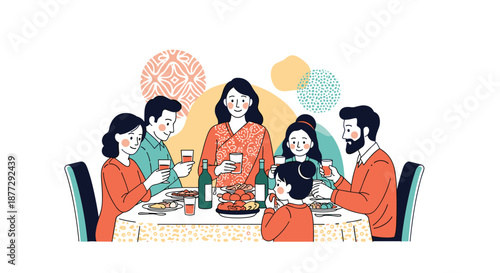 Large happy family of three generations sitting at a dining table and enjoying a festive traditional meal with wine and diverse dishes.
