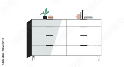 Minimalist interior design showing white modern bedroom dresser featuring simple decorations and potted plant against clean background.