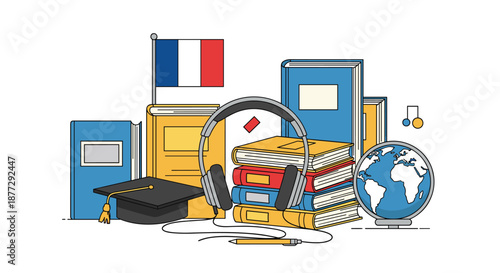 Comprehensive educational materials for learning french language including textbooks, globe, graduation cap, and audio headphones.