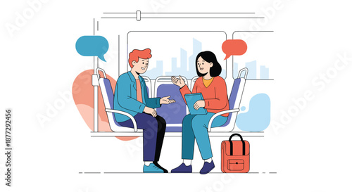 Two young commuters engaged in friendly conversation while sitting together in passenger seats of public transportation vehicle in city.