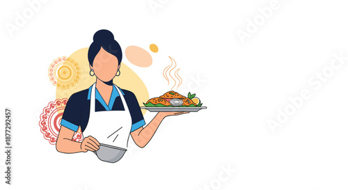 Graceful woman wearing white apron holding large silver platter with delicious gourmet meal against stylized decorative background.