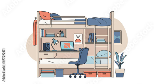 Space-saving interior design featuring compact wooden bunk bed integrated with functional study desk and storage shelves for students.