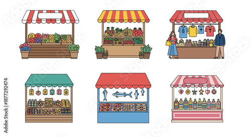 Variety of outdoor market stalls displaying fresh fruits, vegetables, clothing, seafood, and assorted goods under colorful striped awnings.