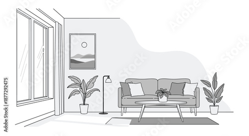 Elegant grayscale line art illustration of modern living room featuring comfortable sofa, coffee table, potted plants, and wall art.