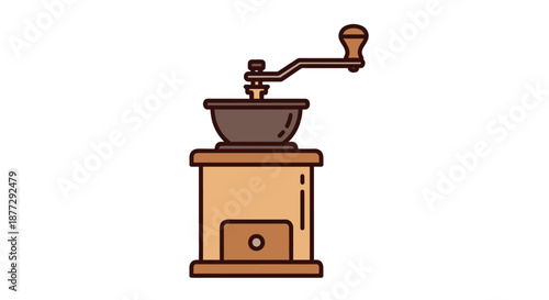 A cartoon illustration of a vintage manual coffee grinder with a wooden base and a crank handle.