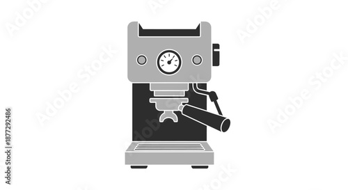 Flat vector illustration of a modern grey and black espresso coffee machine with a pressure gauge and portafilter.