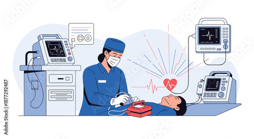 Skilled healthcare professional performing life-saving emergency medical procedure on patient using heart monitor and defibrillation equipment.