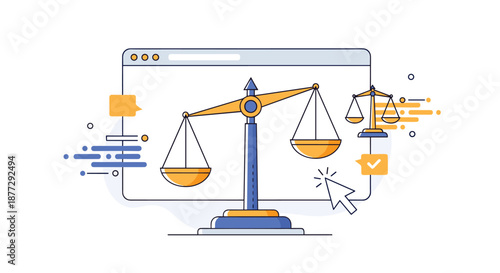 Digital concept of legal services and justice showing golden scales of balance displayed on computer monitor screen with interactive icons.