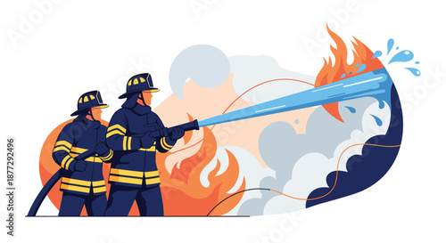 Courageous professional firefighters working together to extinguish intense building fire using powerful high-pressure water hose system.