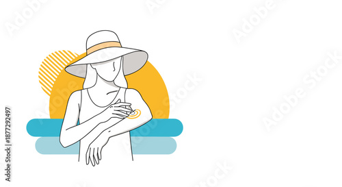 Young woman applying protective sunscreen lotion to her arm while standing on beach during bright sunny day to prevent sunburn.