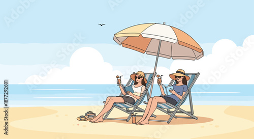Two relaxed women wearing hats and sunglasses sitting on beach chairs under umbrella while reading books by the ocean.