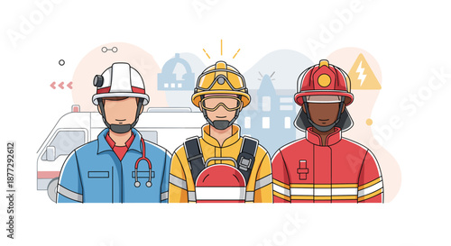 Group of emergency response professionals including a doctor a search and rescue worker and a firefighter in front of service vehicles.