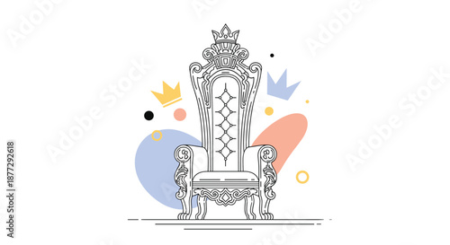 Ornate golden royal throne with intricate carvings and a crown on top placed against a background of colorful abstract shapes.