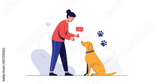 Young woman in casual clothing teaching a Golden Retriever dog how to sit and stay during an outdoor pet training session.