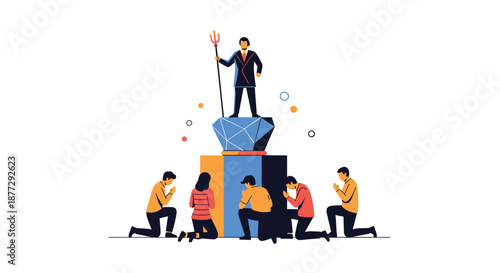 Group of people kneeling in prayer or adoration before a powerful leader figure standing on a high pedestal holding a scepter.