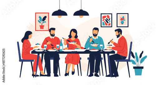 Group of diverse friends or family members sitting around a long dining table enjoying a healthy meal and conversation together.