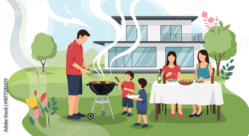 Happy family enjoying a backyard barbecue meal with the father grilling and children and mother sitting at an outdoor table.