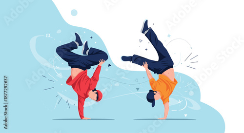 Two athletic breakdancers performing impressive handstands and acrobatic moves on a light blue background with artistic splashes.