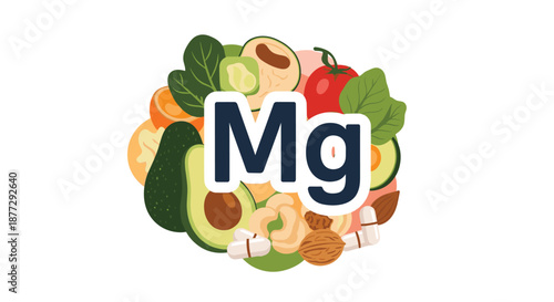 Composition showing various healthy foods rich in magnesium including avocado nuts spinach seeds and vitamins with Mg label.