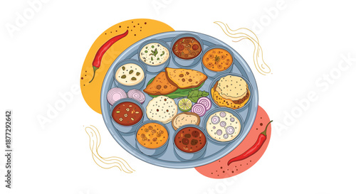 Traditional Indian Thali meal served on a large silver platter with various curries rice dal bread and spicy red peppers.