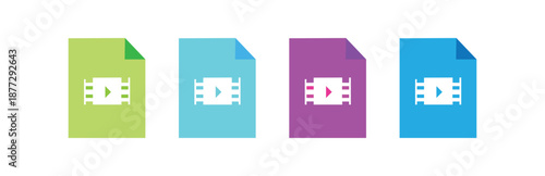 A collection of four colorful vector icons representing video files, each with a white film reel symbol and play button, isolated on a clean white background for versatile use.