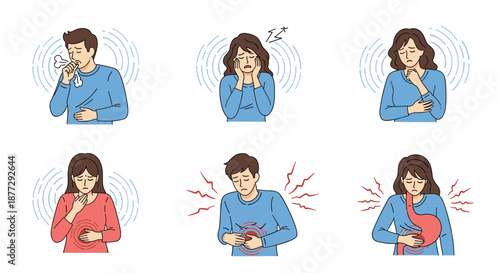 Set of characters experiencing different medical symptoms including coughing headache stomach pain and sore throat.