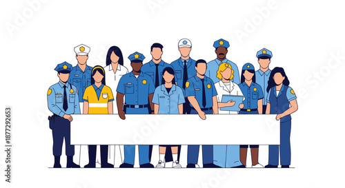 Diverse group of law enforcement officers and public officials standing together holding a large blank white banner for text.